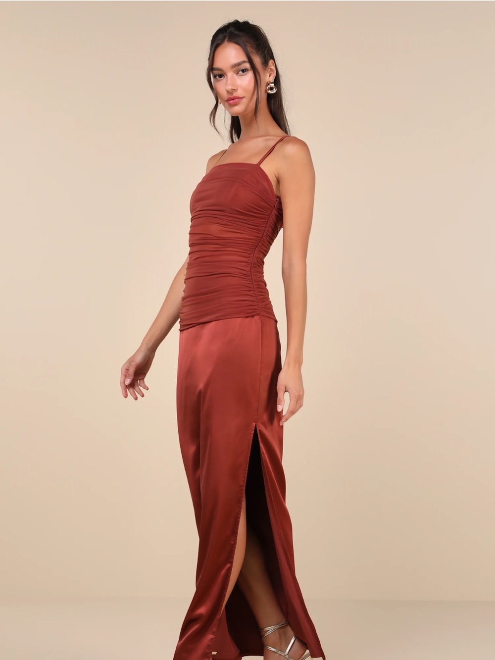 Lulu's Rust Satin Ruched Maxi Dress - Picture 3 of 9
